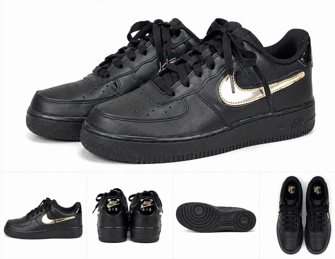 Nike Air Force 1 Low Top Black/Gold Solid Lace-Up Athletic Sneaker Teens