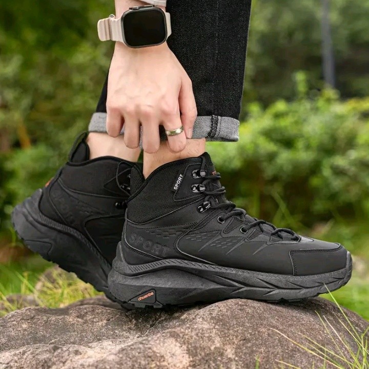 Men’s High-Top Hiking Boots Outdoor Sport Sneakers Lace-Up Trail Shoes Black